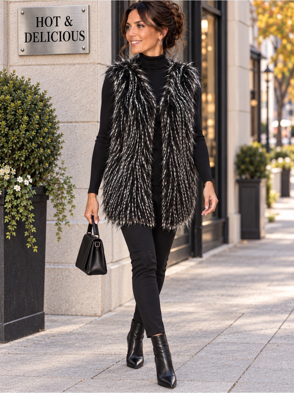 Hot & Delicious,Shaggy Faux Fur Longline Vest Boho Rocker Glam Statement Size L